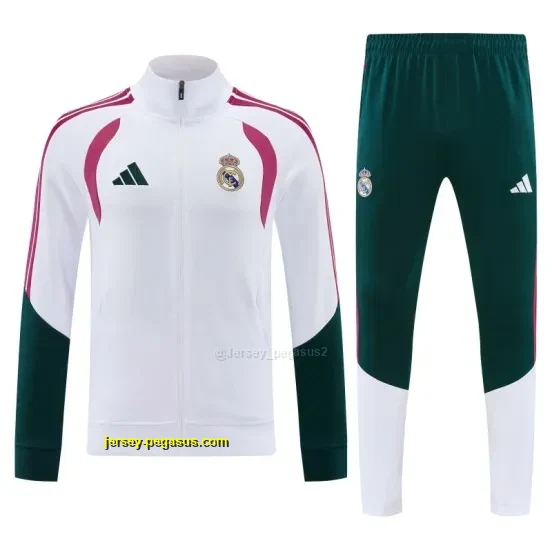 Real Madrid White & Dark Green Full Zipper Jacket Tracksuit + Long Pants