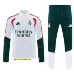 Real Madrid White & Dark Green Half Zipper Jacket Tracksuit + Long Pants