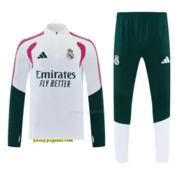 Real Madrid White & Dark Green Half Zipper Jacket Tracksuit + Long Pants