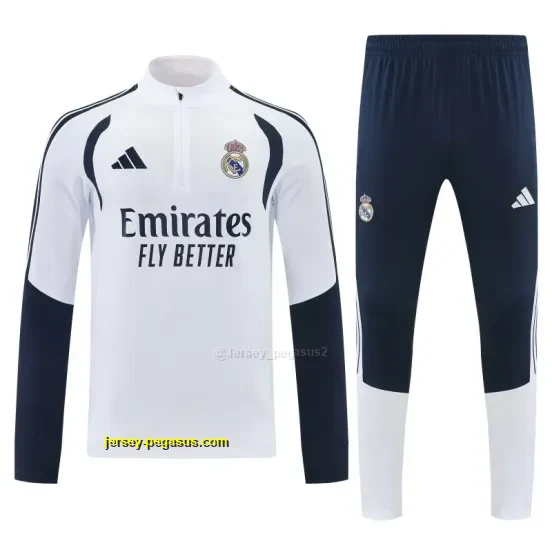 Real Madrid White Half Zipper Jacket Tracksuit + Long Pants