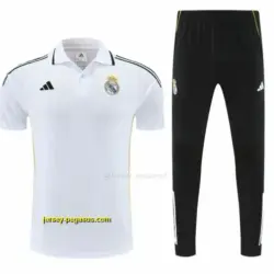 Real Madrid White Polo Training Shirt + Black Long Pants Tracksuit