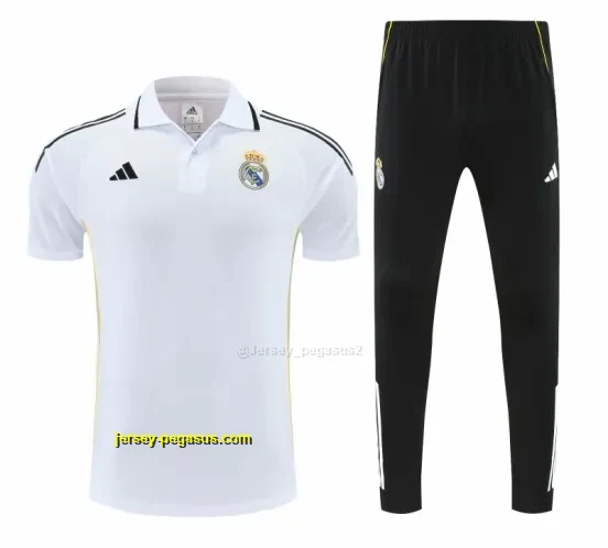 Real Madrid White Polo Training Shirt + Black Long Pants Tracksuit