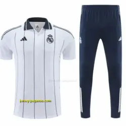 Real Madrid White Stripes Polo Training Shirt + Long Pants Tracksuit