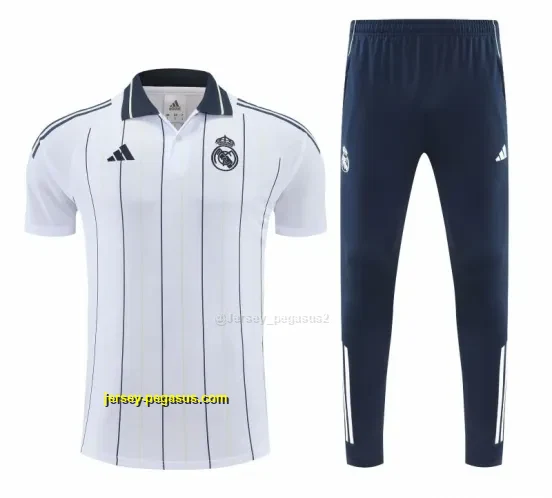 Real Madrid White Stripes Polo Training Shirt + Long Pants Tracksuit