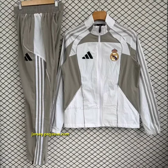Real Madrid White with Grey Full zipper Jacket Tracksuit+ long pants