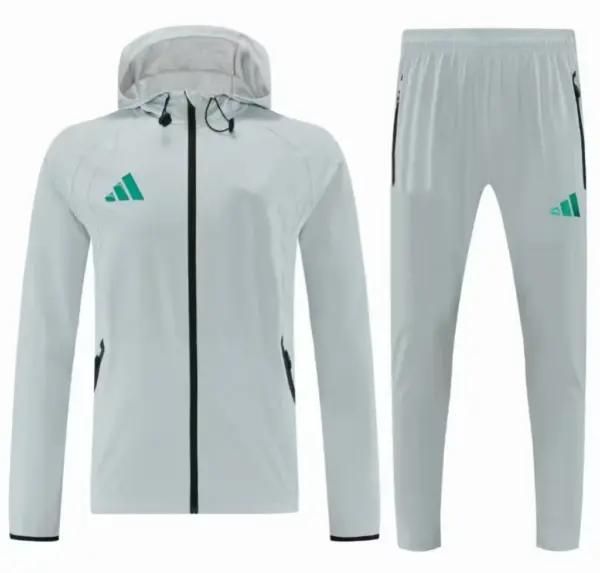Adidas Light Grey Full Zipper Hooded Windbreaker Jacket Tracksuit + Long Pants