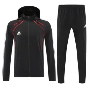 Adidas Black With Red logo Full Zipper Hooded Jacket Tracksuit + Long Pants