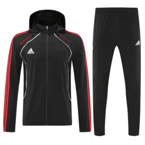 Adidas Black With Red stripes Full Zipper Hooded Jacket Tracksuit + Long Pants