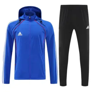 Adidas Blue Full Zipper Hooded Jacket Tracksuit + Black Long Pants