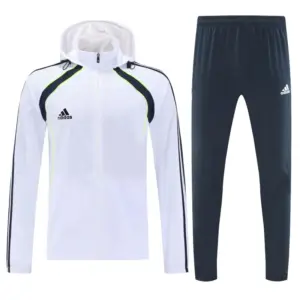 Adidas White Full Zipper Hooded Jacket Tracksuit + Long Pants