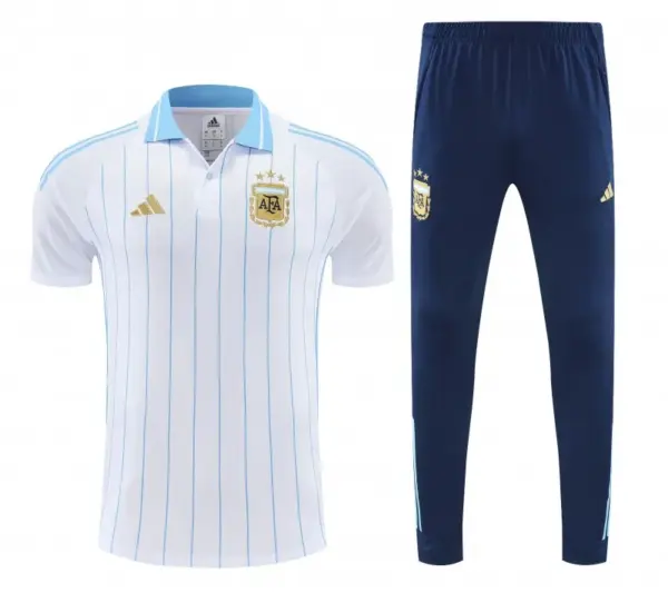 Argentina White Stripes Polo Training Shirt + Navy Blue Long Pants Tracksuit