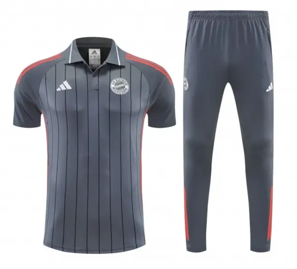 Bayern Munich Grey Stripes Polo Training Shirt + Long Pants Tracksuit