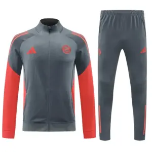 Bayern Munich Grey with Red Sleeves Half Zipper Jacket Tracksuit +Long Pants