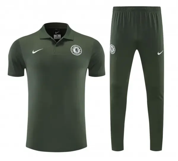 Chelsea Dark Green Polo Training Shirt + Long Pants Tracksuit