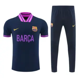 FC Barcelona Navy Blue with Purple Short Sleeve Tracksuit + Long Pants