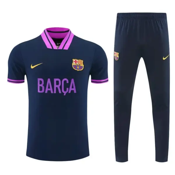 FC Barcelona Navy Blue with Purple Short Sleeve Tracksuit + Long Pants