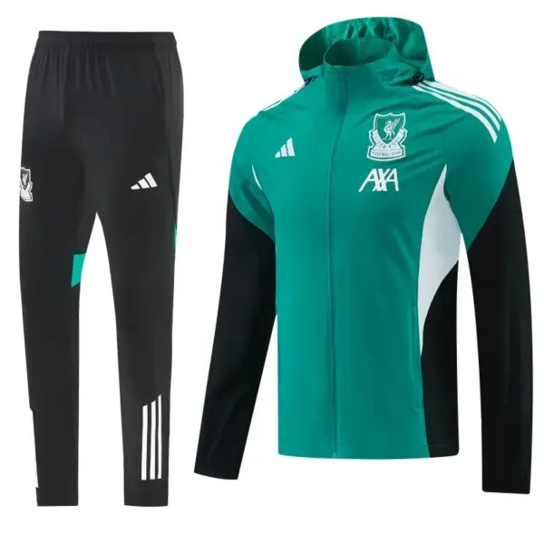 Liverpool Green Full Zipper Hooded Jacket Tracksuit + Black Long Pants