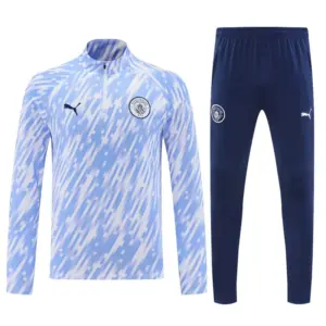 Manchester City White with Sky Blue Diagonal Stripes Half Zipper Jacket Tracksui
