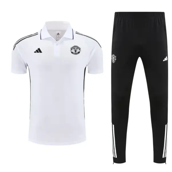 Manchester United White Polo Training Shirt + Long Pants Tracksuit
