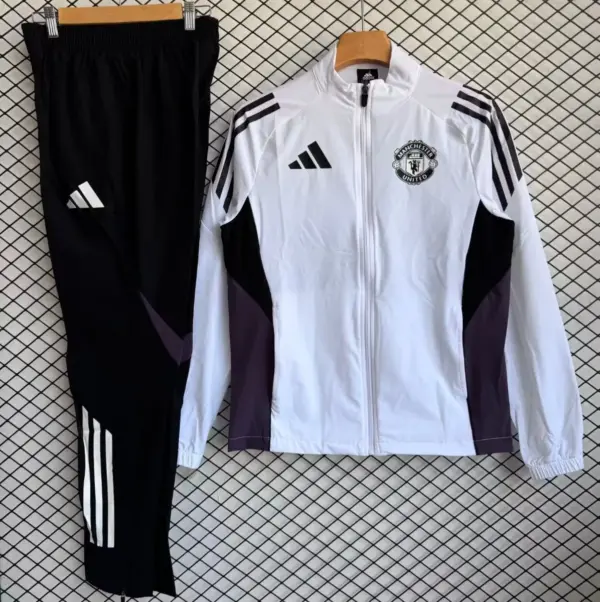 Manchester United White with Black Full zipper Jacket Tracksuit+ long pants