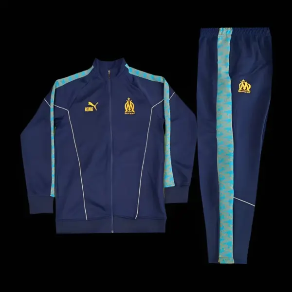 Olympique Marseille Navy Blue with Sky Blue Stripes Full Zipper Jacket Tracksuit