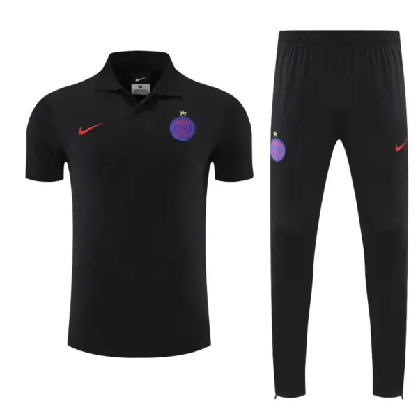 Paris Black Polo Training Shirt + Long Pants Tracksuit