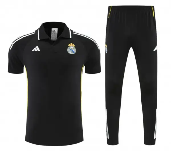 Real Madrid Black Polo Training Shirt + Long Pants Tracksuit