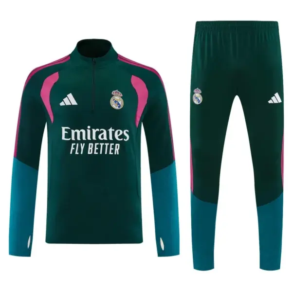 Real Madrid Dark Green Half Zipper Jacket Tracksuit + Long Pants