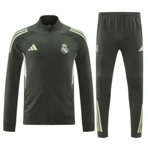 Real Madrid Dark Grey with Neon Green Stripes Half Zipper Jacket Tracksuit +Long