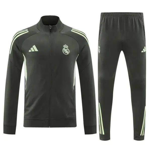 Real Madrid Dark Grey with Neon Green Stripes Half Zipper Jacket Tracksuit +Long
