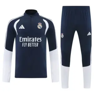 Real Madrid Navy Blue Half Zipper Jacket Tracksuit + Long Pants