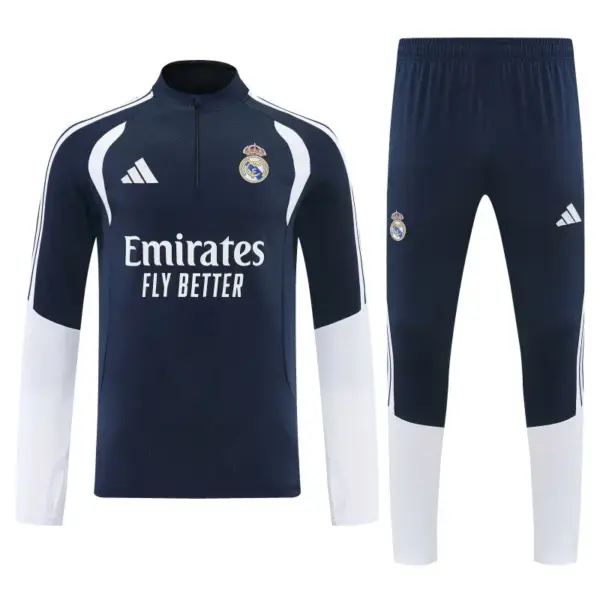 Real Madrid Navy Blue Half Zipper Jacket Tracksuit + Long Pants
