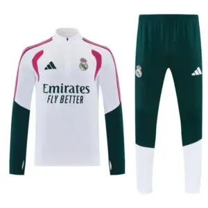 Real Madrid White & Dark Green Half Zipper Jacket Tracksuit + Long Pants