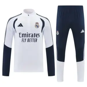 Real Madrid White Half Zipper Jacket Tracksuit + Long Pants