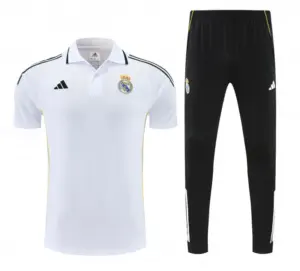 Real Madrid White Polo Training Shirt + Black Long Pants Tracksuit