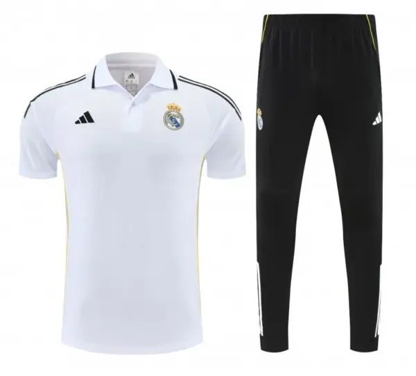 Real Madrid White Polo Training Shirt + Black Long Pants Tracksuit