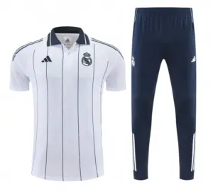 Real Madrid White Stripes Polo Training Shirt + Long Pants Tracksuit