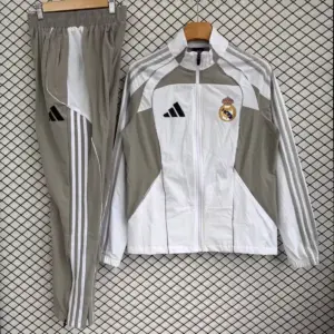 Real Madrid White with Grey Full zipper Jacket Tracksuit+ long pants